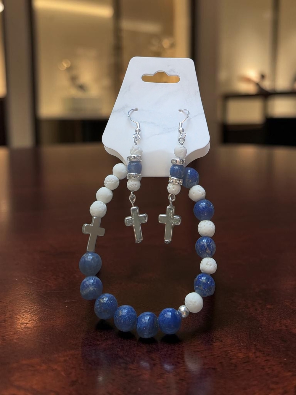 Blue Stone White Lava Rock Cross Bracelet and Earrings Jewelry Set